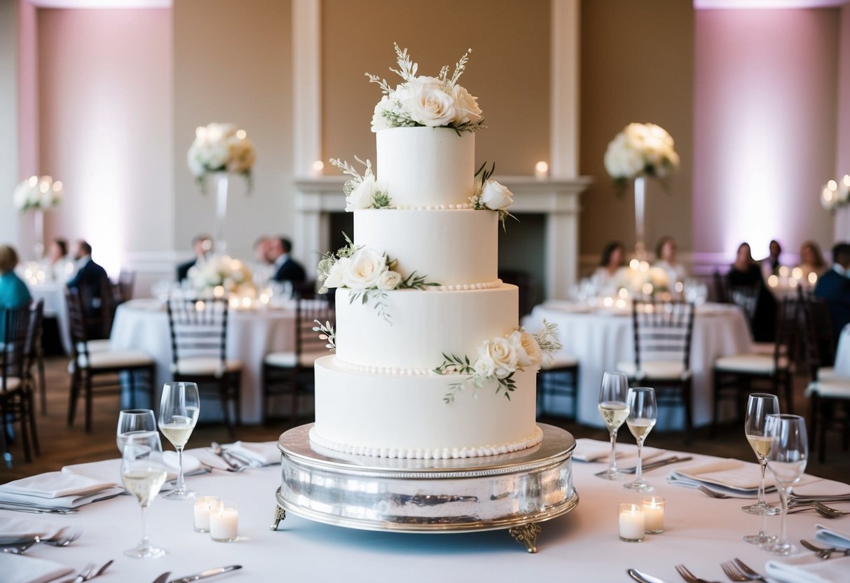 A three-tiered white wedding cake adorned with delicate floral decorations, sitting on a silver cake stand, surrounded by elegant table settings for 100 guests