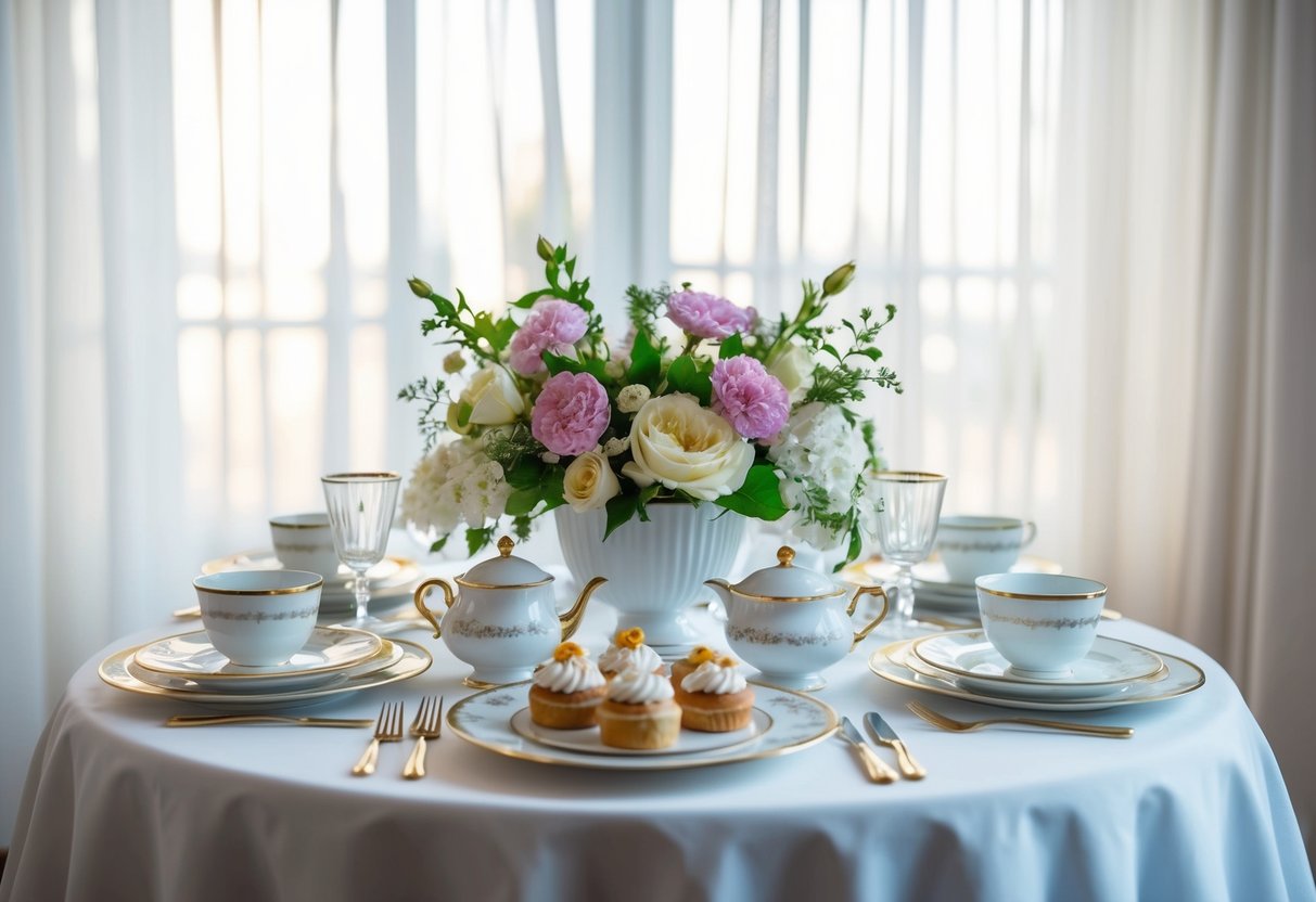 A table set with elegant china, fresh flowers, and delicate pastries, surrounded by soft natural light filtering through sheer curtains