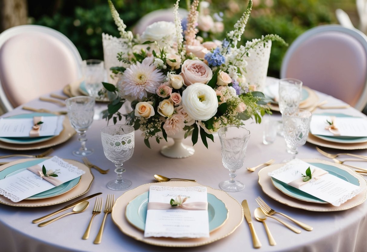 A table set with elegant floral centerpieces, delicate china, and pastel-colored decorations. Invitations adorned with lace and ribbon