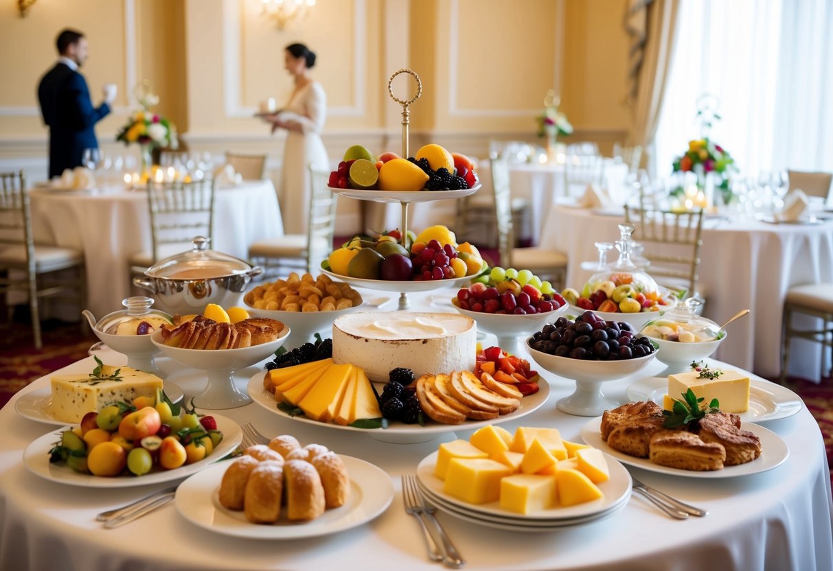 A wedding breakfast buffet: a lavish spread of fresh fruits, pastries, cheeses, and hot dishes displayed on elegant tableware in a sunlit ballroom