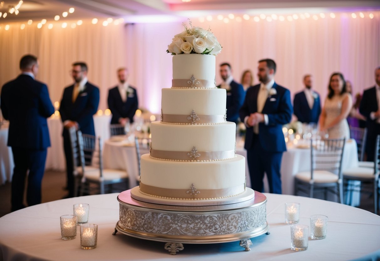 A three-tiered wedding cake with elegant decorations, set on a table at a wedding reception for 150 guests