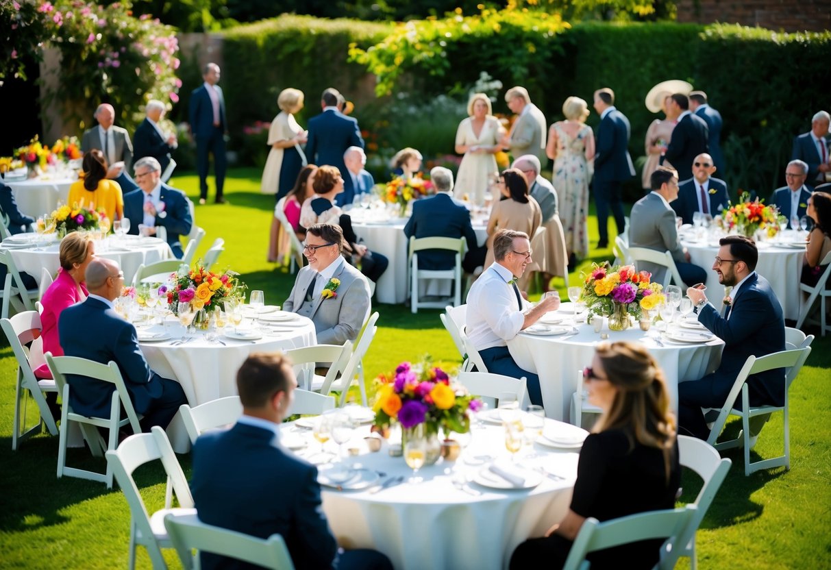 A sunlit garden with round tables and white linens, adorned with colorful floral centerpieces. Guests mingle and enjoy a leisurely post-wedding brunch