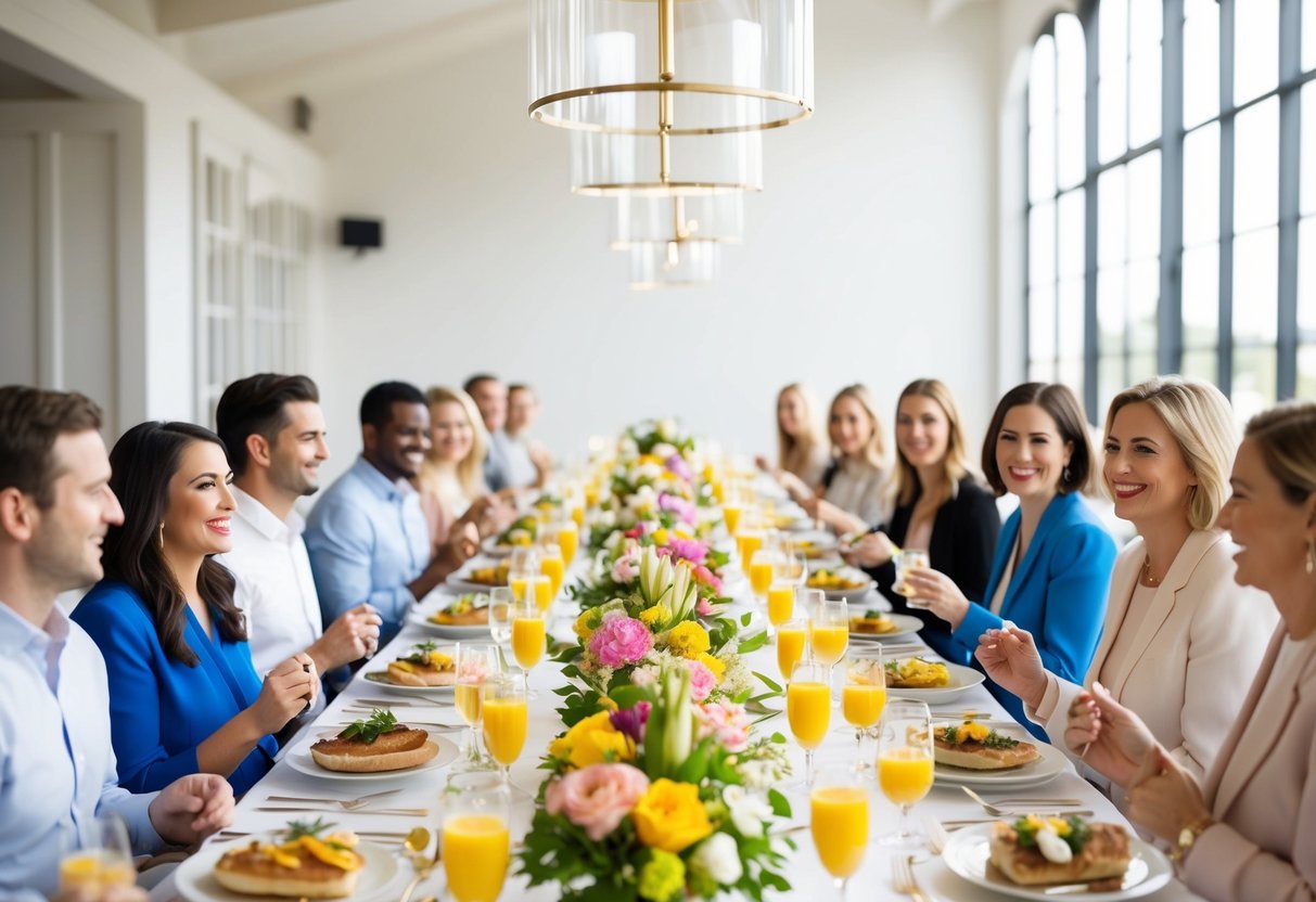 A bright and airy brunch setting with a long, elegantly set table adorned with fresh flowers, surrounded by happy guests enjoying food and conversation