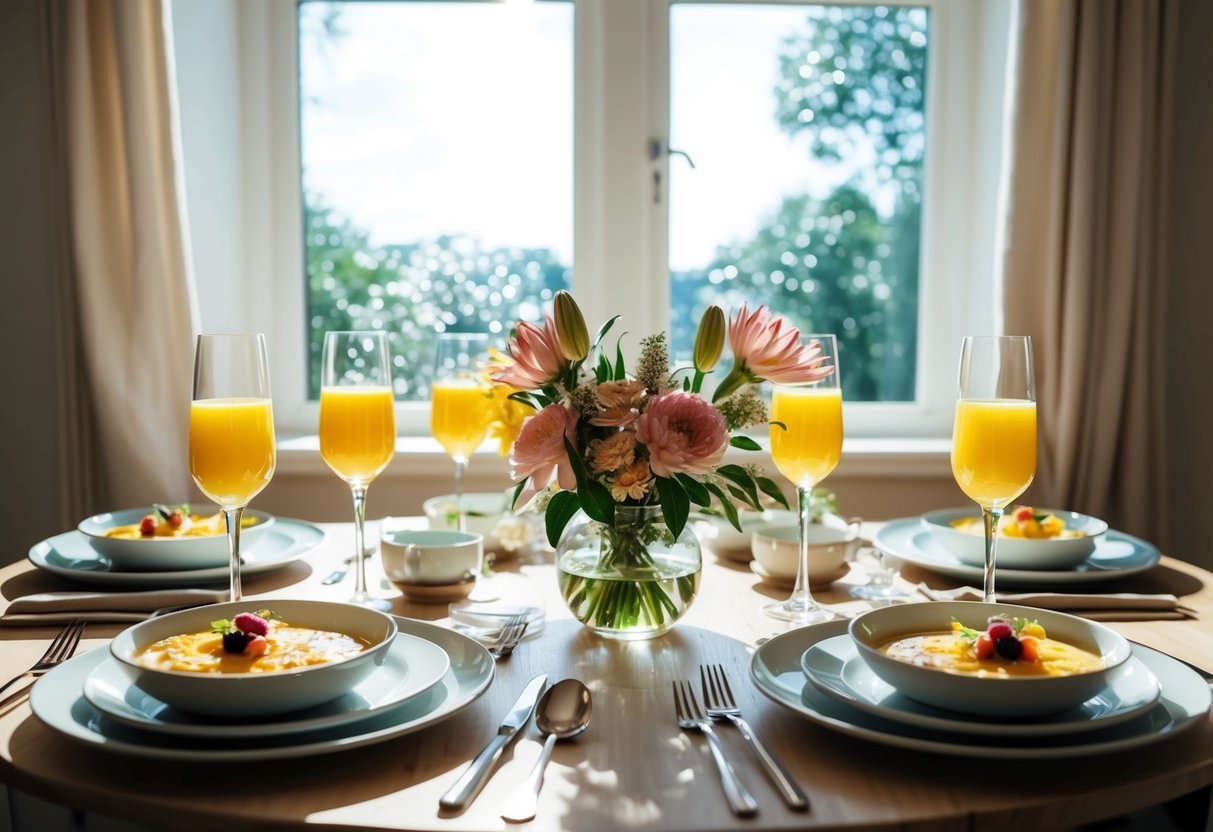 A table set with brunch dishes, mimosas, and flowers, with sunlight streaming through a window onto the scene