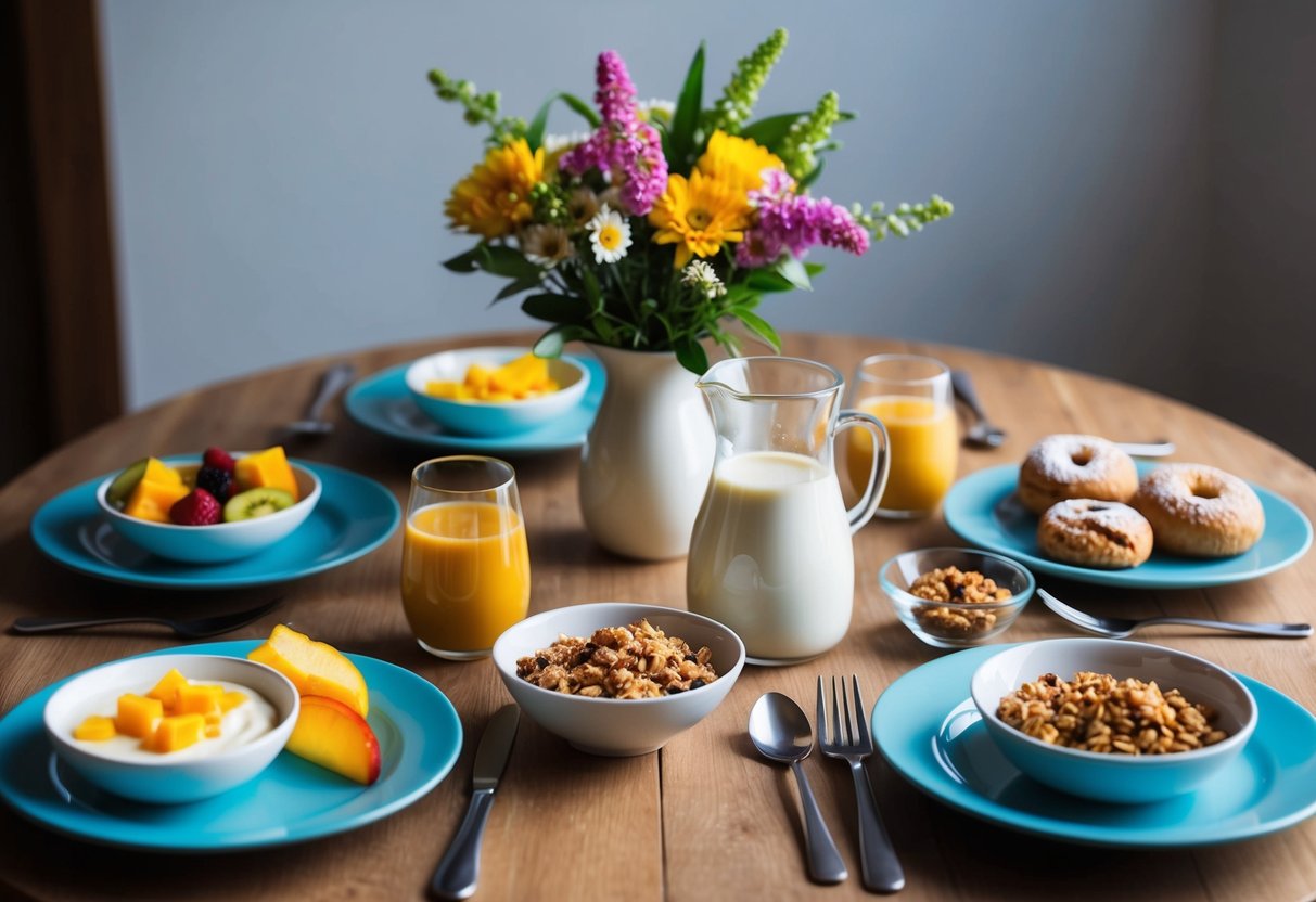 A table set with a variety of simple, non-greasy breakfast foods, such as fresh fruit, yogurt, granola, and pastries, with a carafe of coffee and a vase of flowers as a centerpiece