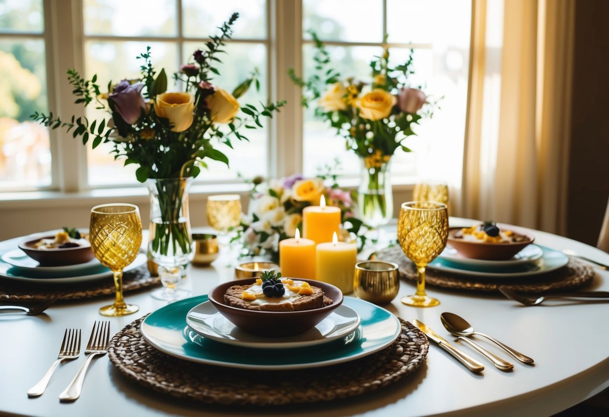 A table set with a brunch spread, decorated with flowers and candles. The scene is warm and inviting, with sunlight streaming in through the window