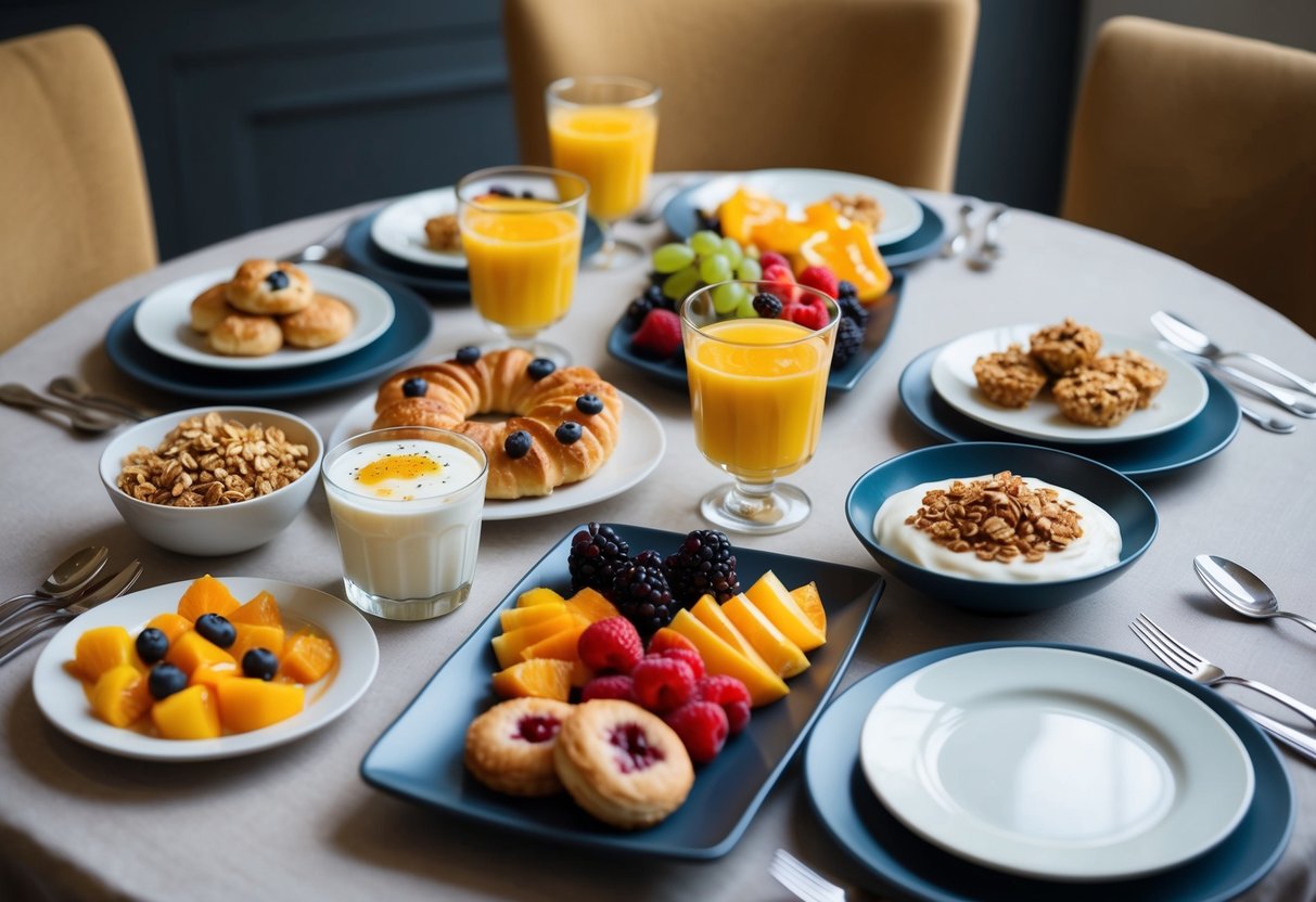 A table set with a variety of easy breakfast foods, such as pastries, fruit, yogurt, and granola, arranged elegantly on platters and dishes