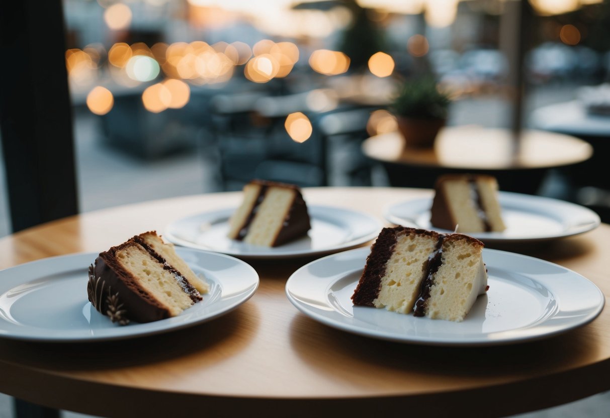 A table with half-eaten cake slices and empty plates