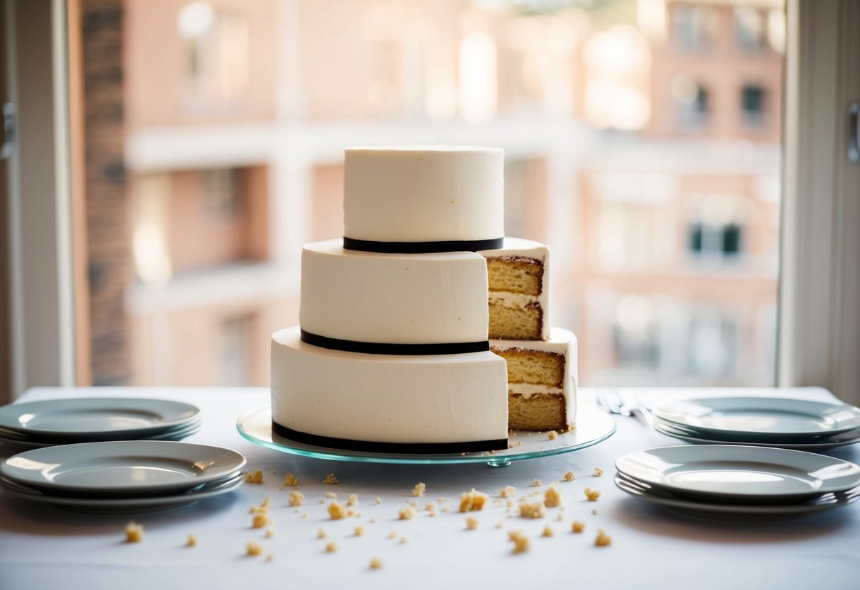 A tiered wedding cake with a slice missing, surrounded by empty plates and scattered cake crumbs