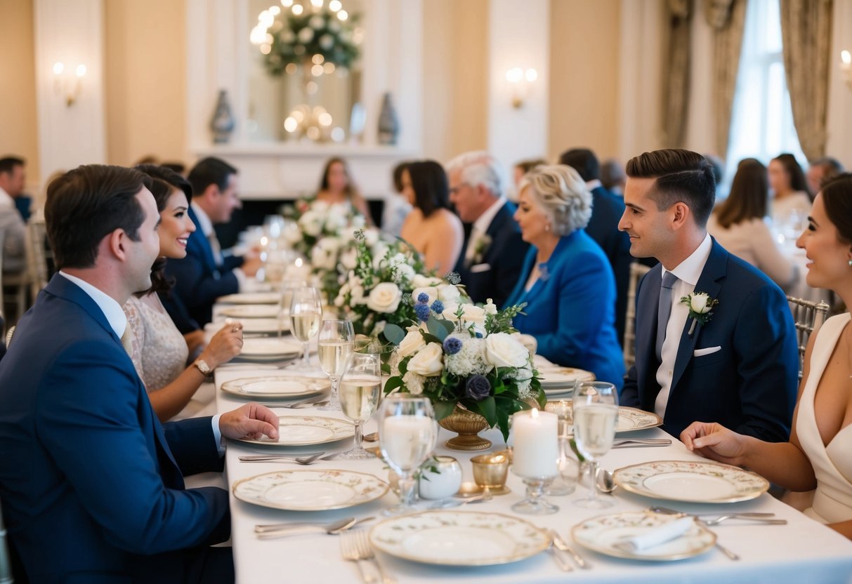 A beautifully decorated table set with fine china, silverware, and elegant centerpieces. Guests are seated, enjoying a meal and engaging in conversation