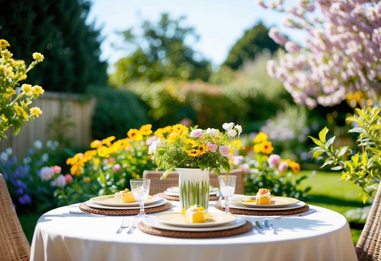 A sunny outdoor garden with a table set for brunch, surrounded by blooming flowers and greenery