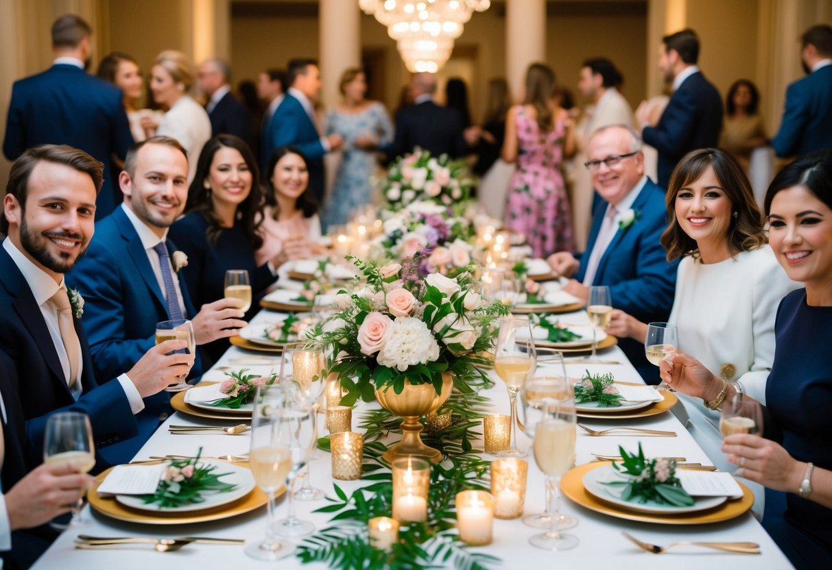A beautifully decorated table with elegant place settings and floral centerpieces, surrounded by happy guests mingling and enjoying food and drinks