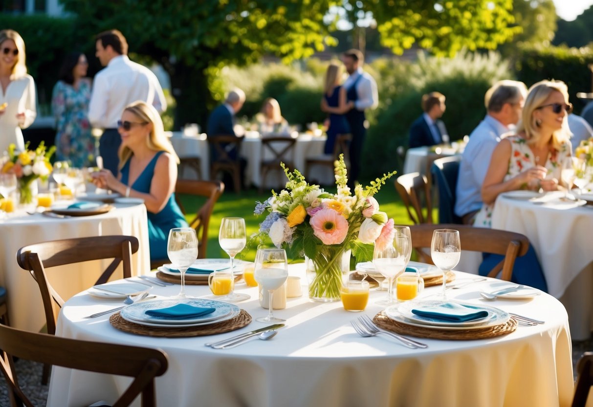 A sunlit garden with tables set for brunch, adorned with flowers and elegant place settings. A relaxed and joyful atmosphere as guests mingle and enjoy a leisurely meal