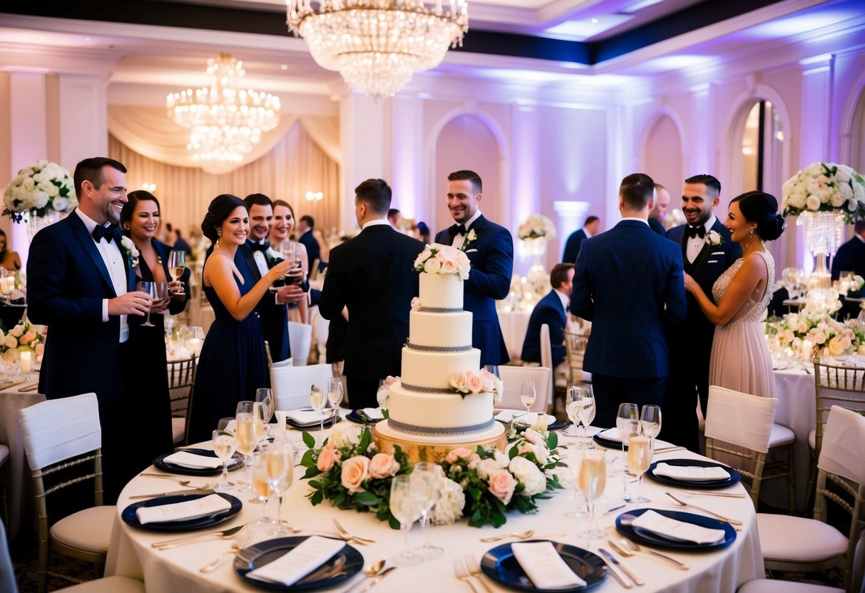 A lavish wedding reception with elegant table settings, floral centerpieces, and a grand cake display. Guests mingle and toast to the newlyweds in a beautifully decorated venue