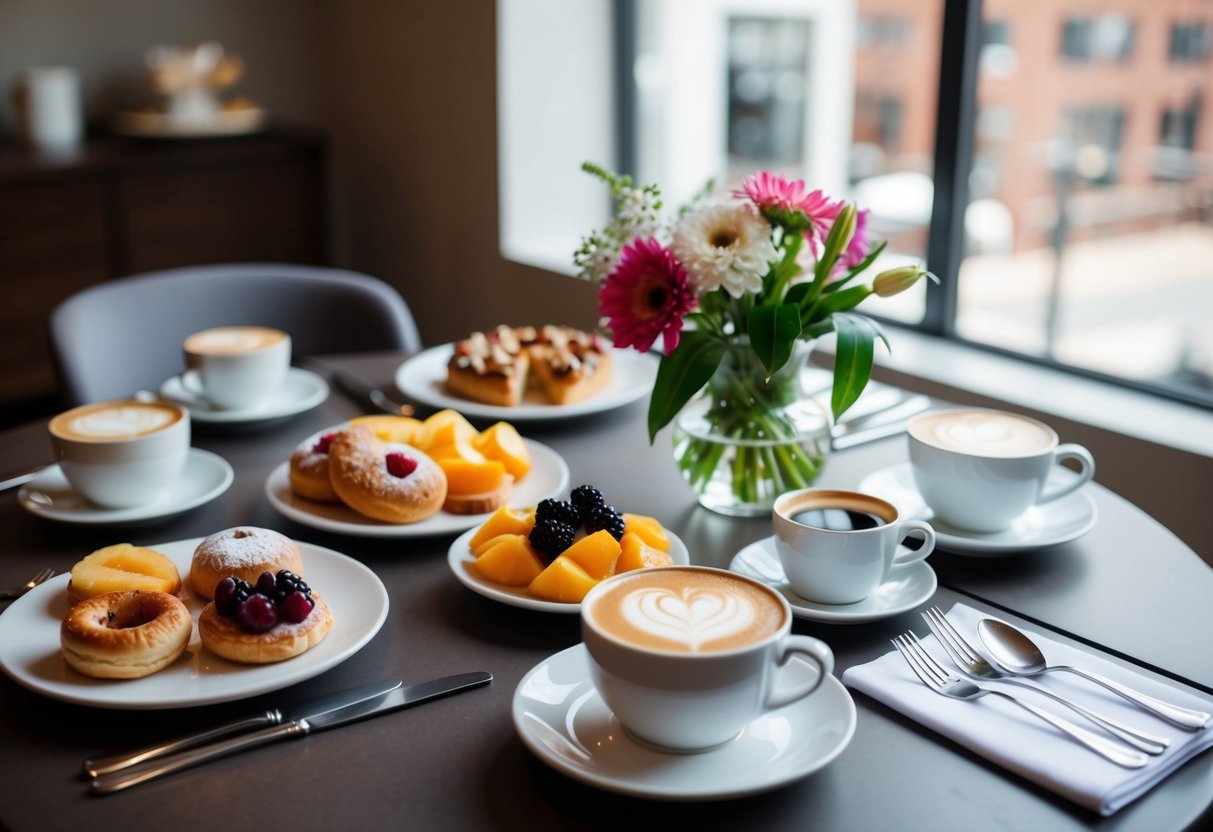 A table set with a variety of brunch foods, including pastries, fruit, and coffee. A vase of fresh flowers adds a touch of elegance to the scene