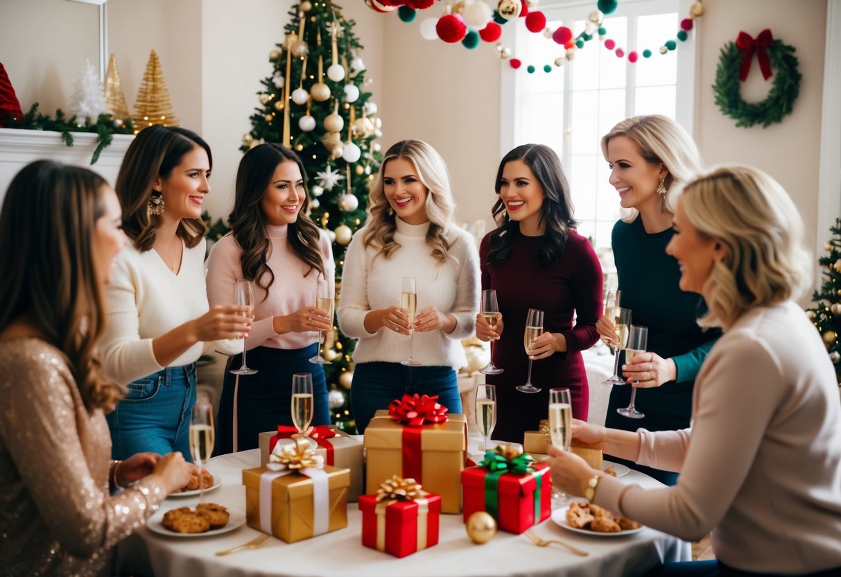 A group of women gather in a decorated room, with festive decorations and a table filled with gifts and champagne