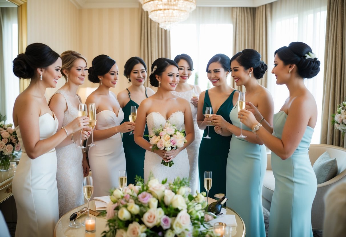 A group of women in elegant attire gather in a luxurious suite, surrounded by flowers, champagne, and makeup, preparing for the wedding ceremony