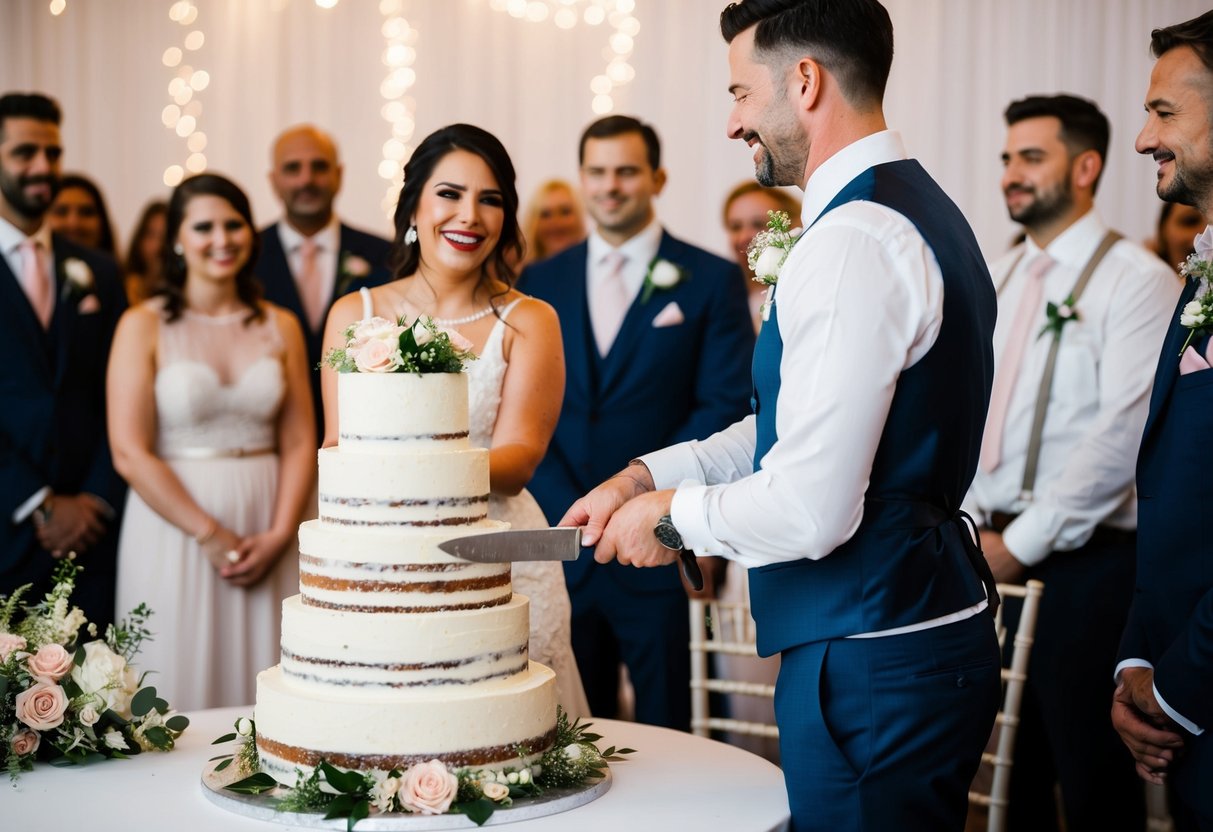 A couple cutting into a multi-tiered wedding cake with a knife, surrounded by guests and floral decorations