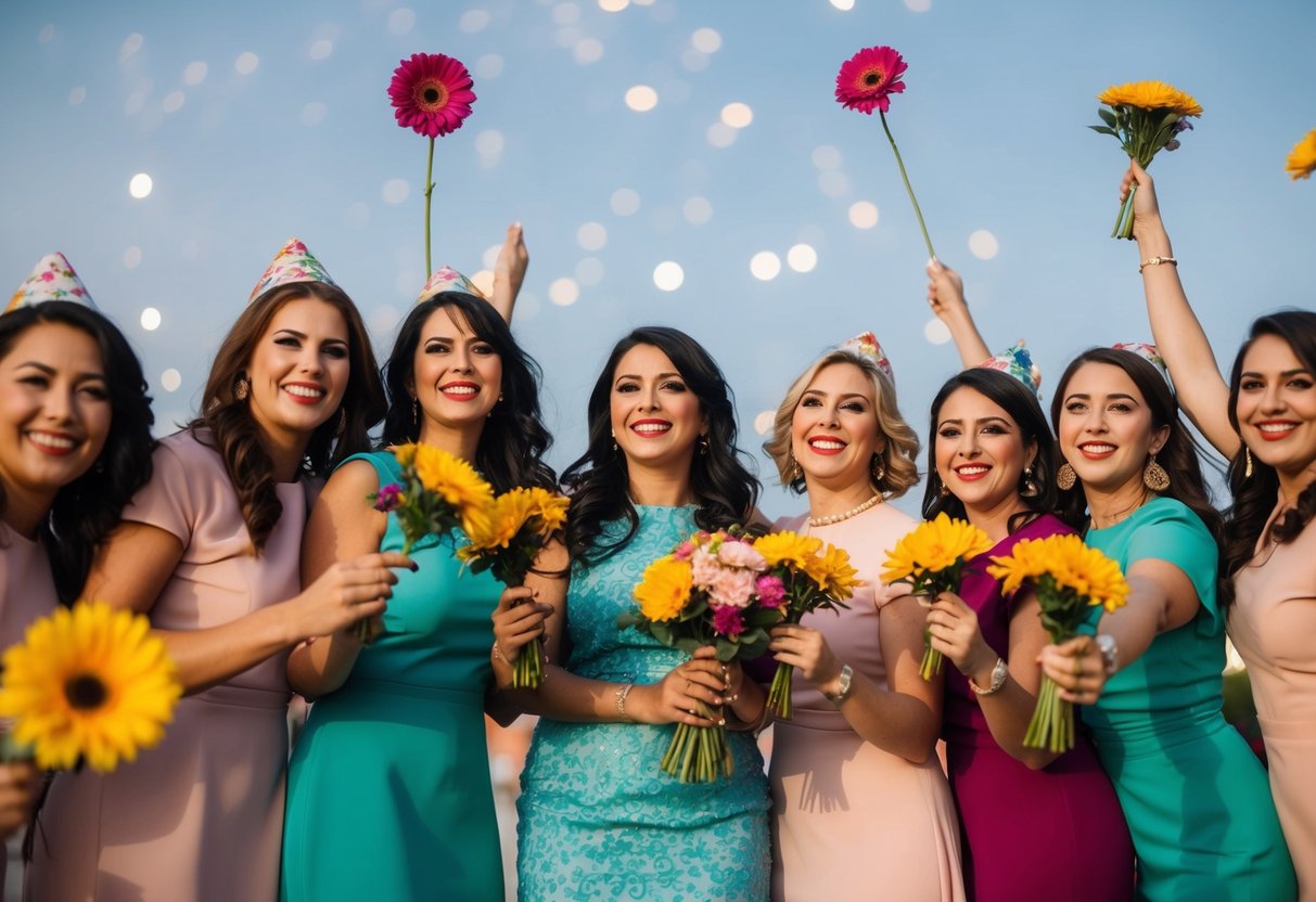 A group of women celebrating, holding flowers and wearing matching attire
