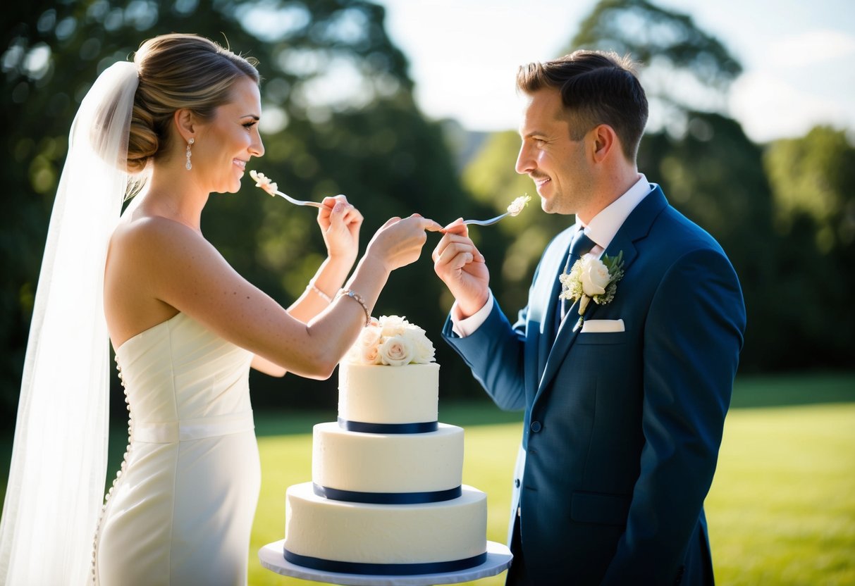 A bride and groom stand before a tiered wedding cake, each holding a slice and feeding it to the other, symbolizing their commitment and partnership
