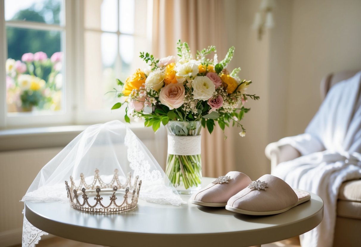 A sunlit room with a bouquet of flowers, a delicate lace veil, and a sparkling tiara set on a table. A soft robe and slippers wait nearby