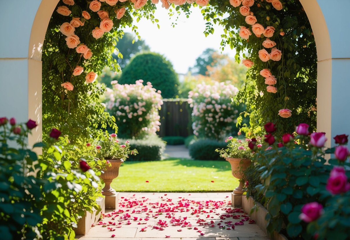 A sunlit garden with a flower-filled archway and scattered rose petals