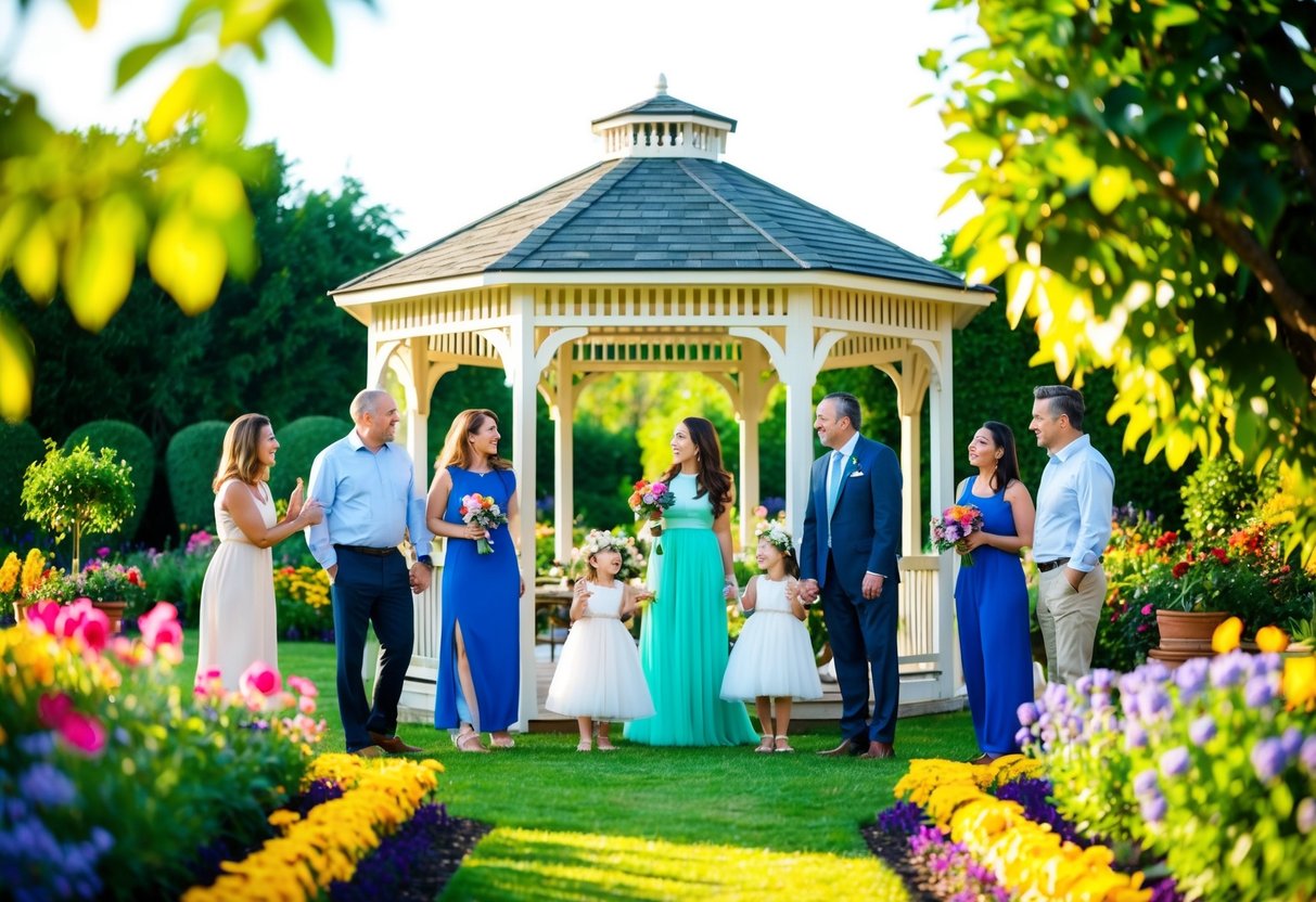 A vibrant garden with colorful flowers and a gazebo, surrounded by family and friends