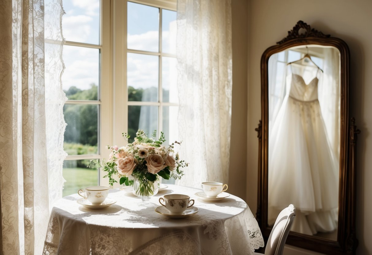Sunlight streaming through lace curtains onto a table set with delicate teacups and a bouquet of flowers. A vintage mirror reflects the bride's gown hanging nearby