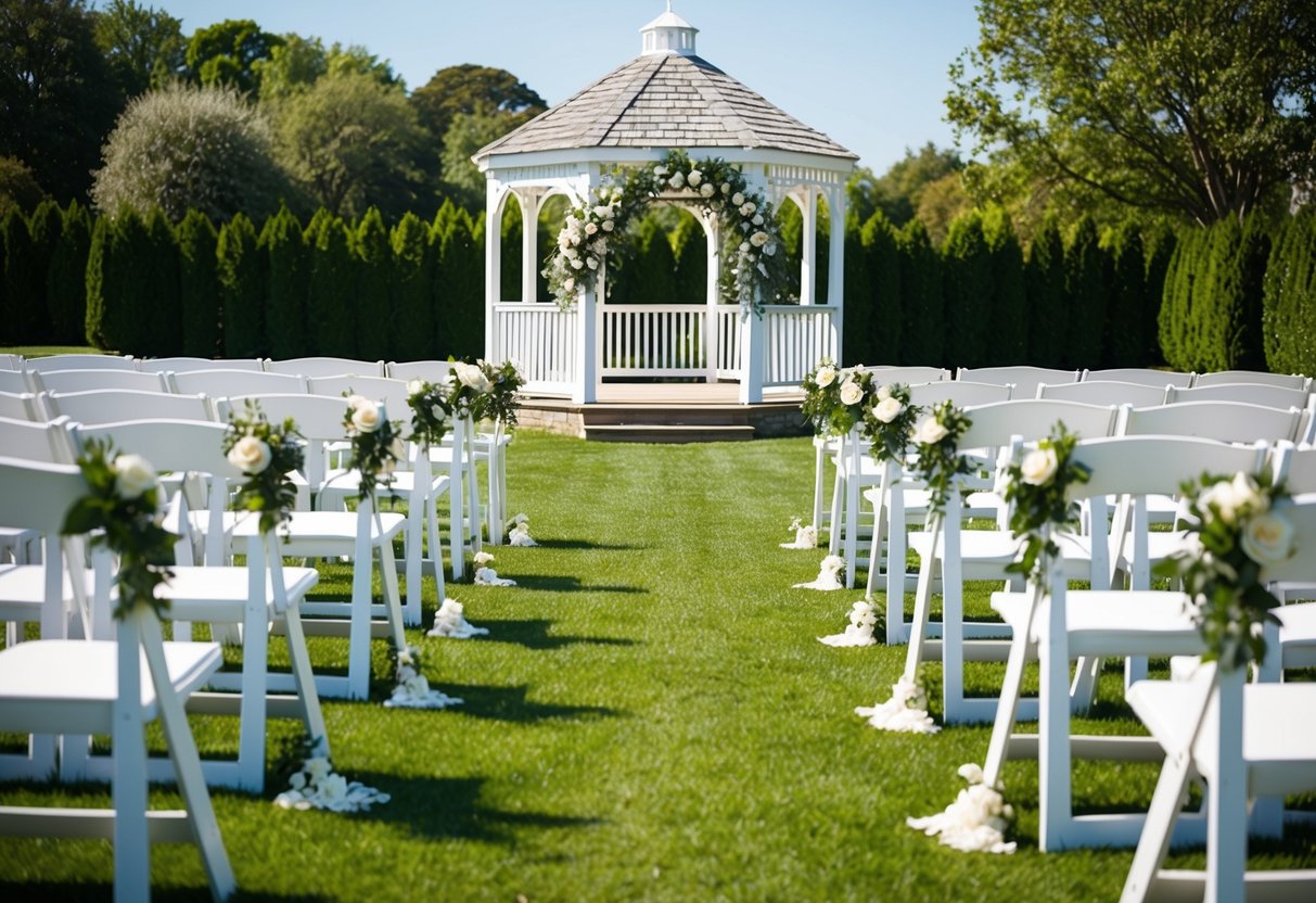 A sunny outdoor wedding ceremony with a white gazebo, floral arch, and rows of white chairs set up on a green lawn