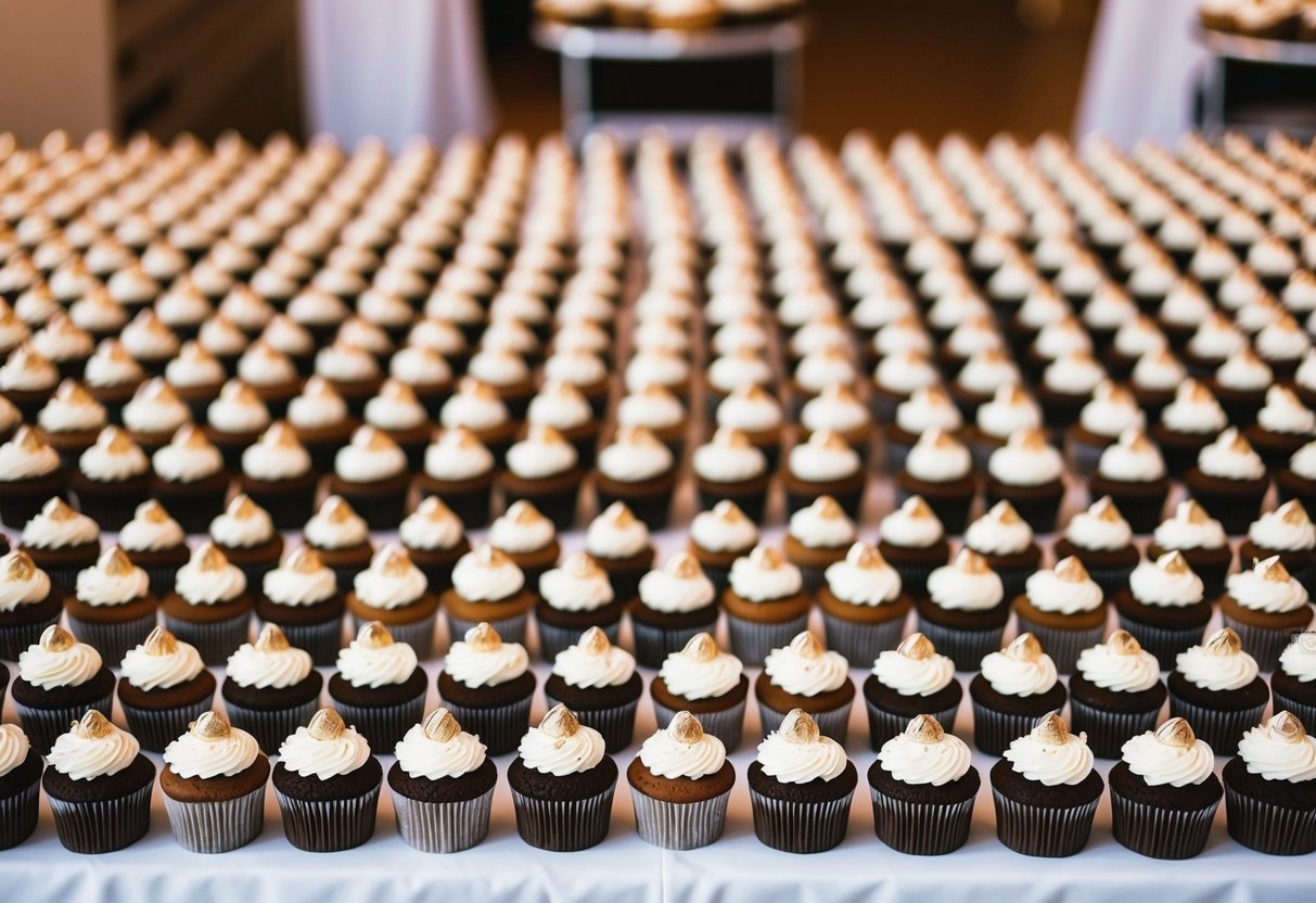 A table with neatly arranged rows of 150 cupcakes, decorated in elegant wedding themes