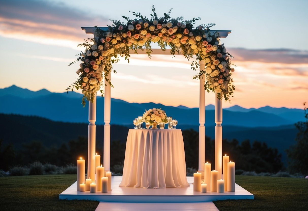 A beautifully decorated wedding altar with flowers and candles, set against a scenic backdrop of mountains and a sunset