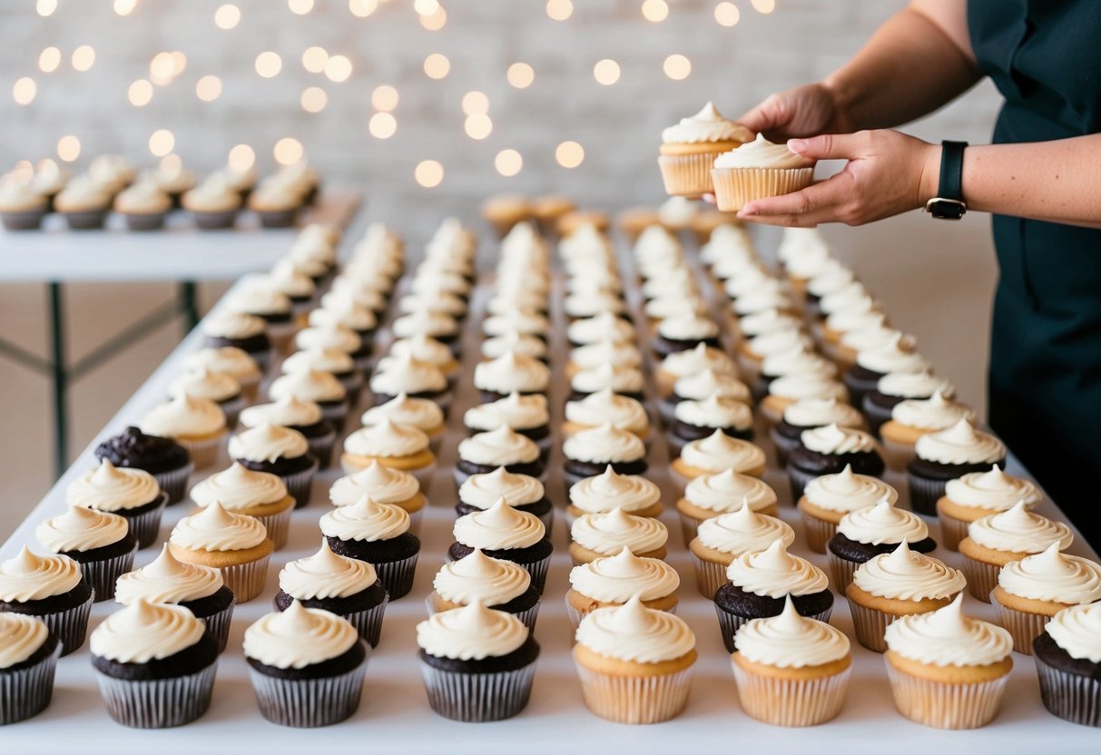A table with rows of neatly arranged cupcakes, totaling 150, with a couple of cupcakes being added to the display