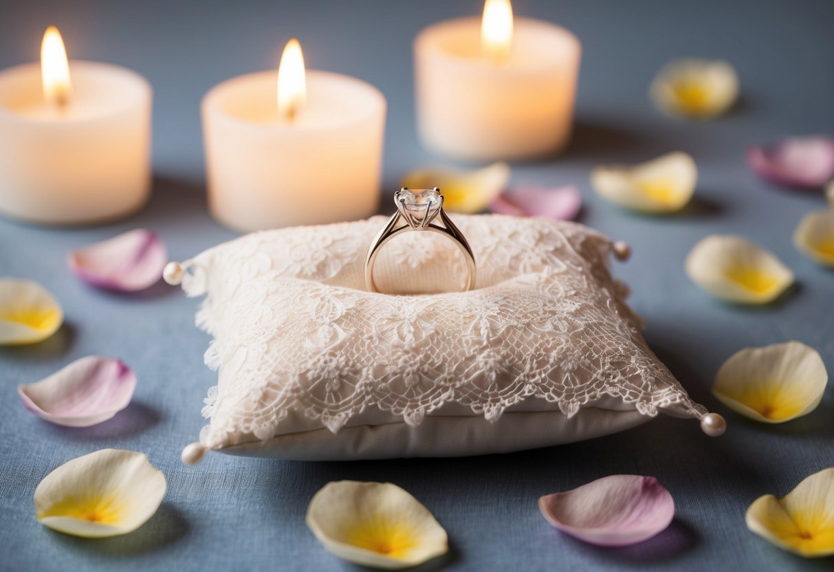 A wedding ring placed on a delicate lace pillow, surrounded by flower petals and soft candlelight