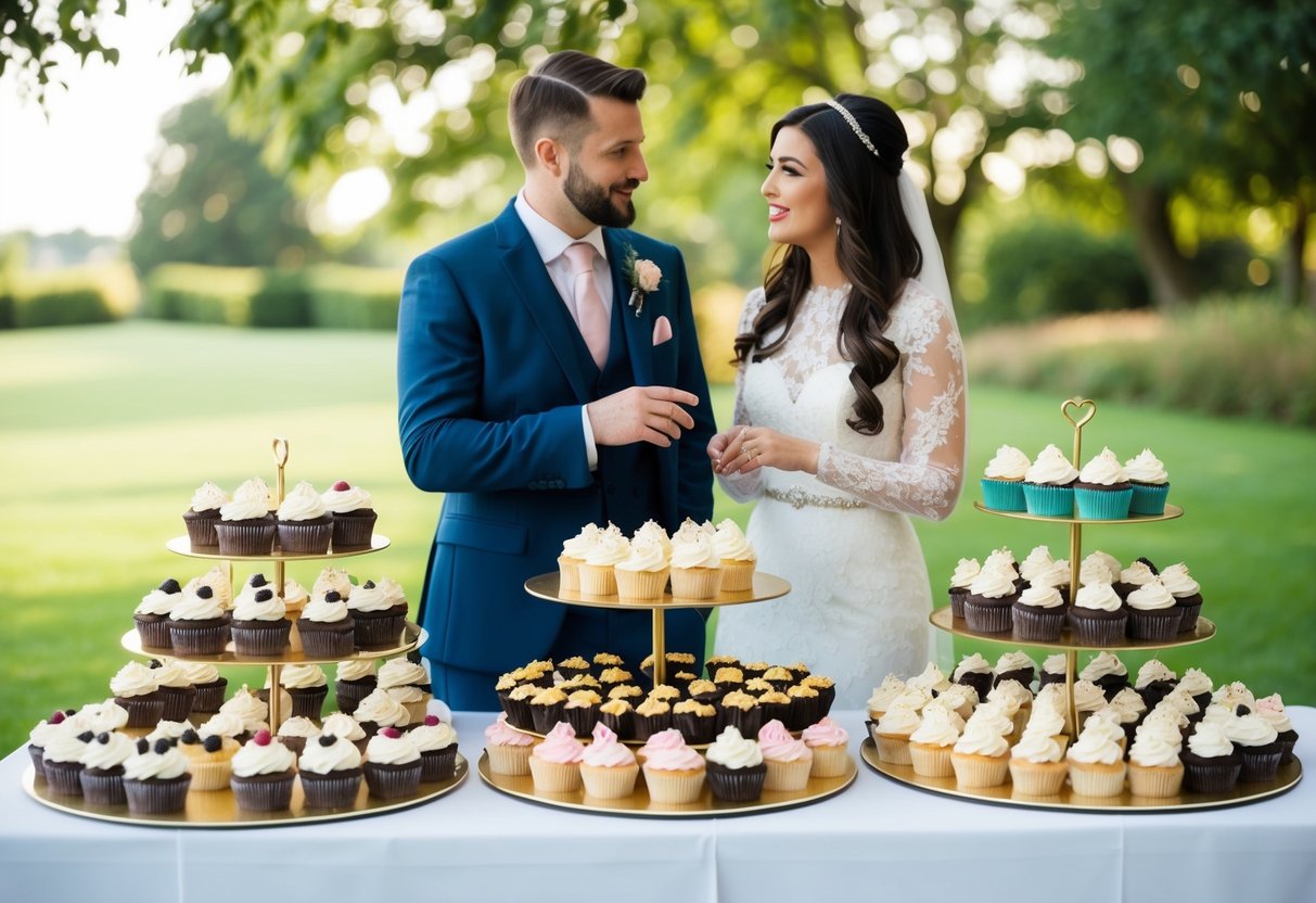 A table displays an assortment of cupcakes in various sizes and flavors, with a couple discussing their choices for their 150 wedding guests