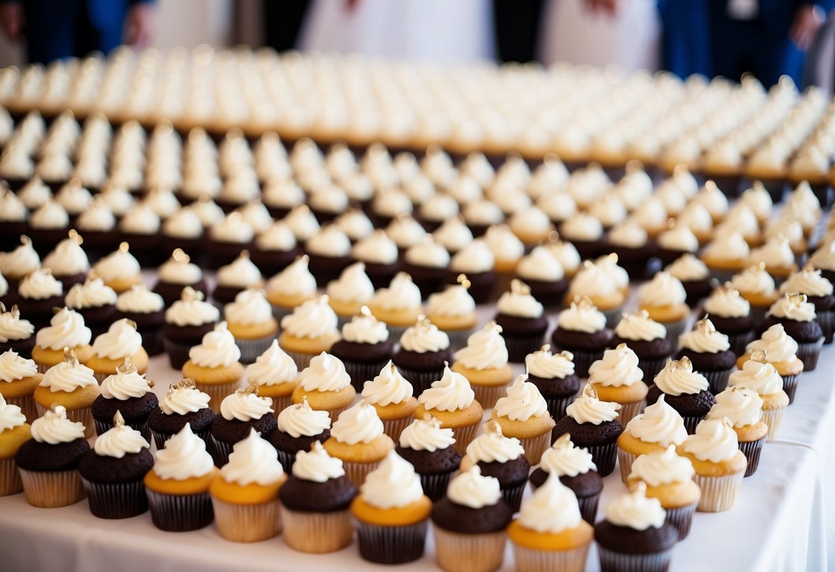 A table with 150 cupcakes arranged in neat rows, adorned with delicate frosting and elegant decorations, ready for a wedding celebration