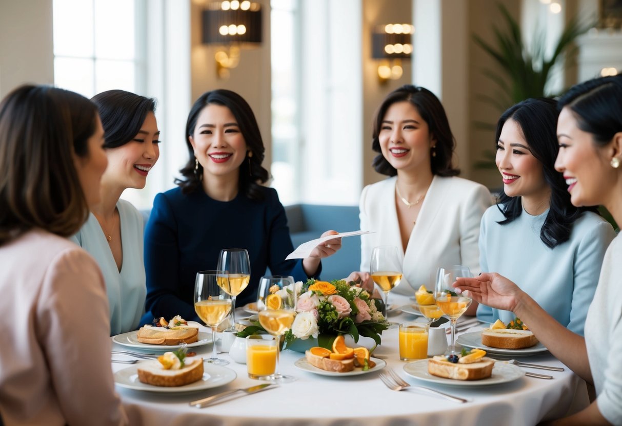 A group of women seated at a table, enjoying a brunch spread with elegant table settings. One woman appears to be reaching for the bill while others chat and laugh