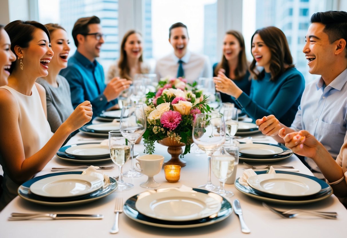 A table set with elegant dishes and flowers, surrounded by excited chatter and laughter