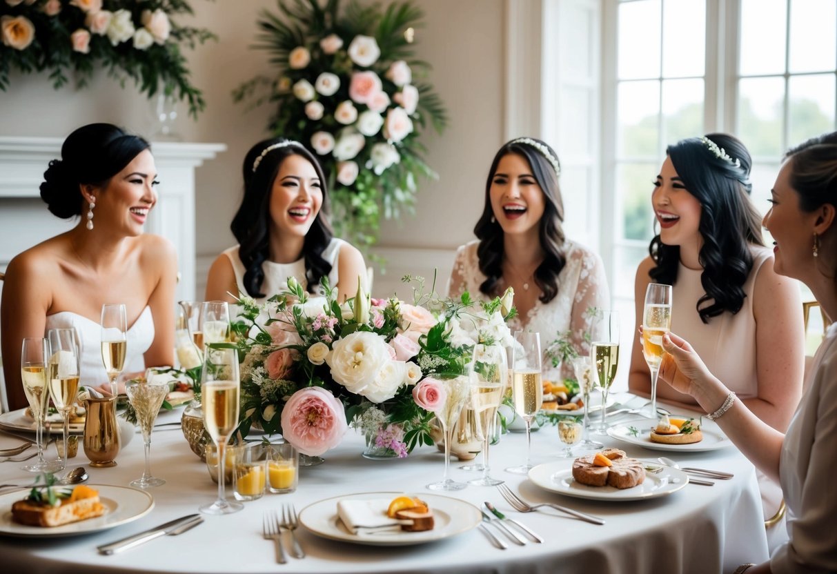 A table set with elegant brunch dishes, surrounded by floral arrangements and champagne glasses. A bride and her friends laugh and chat in a beautifully decorated space