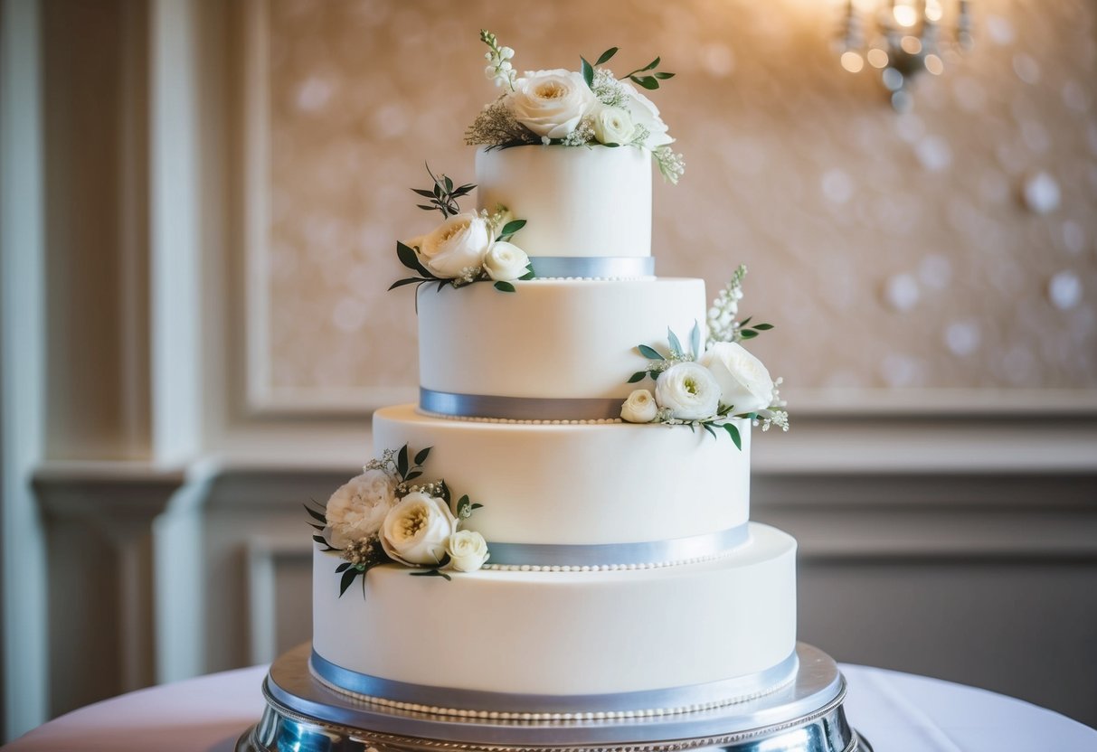 A three-tiered, white wedding cake adorned with delicate floral decorations, sitting elegantly on a silver cake stand