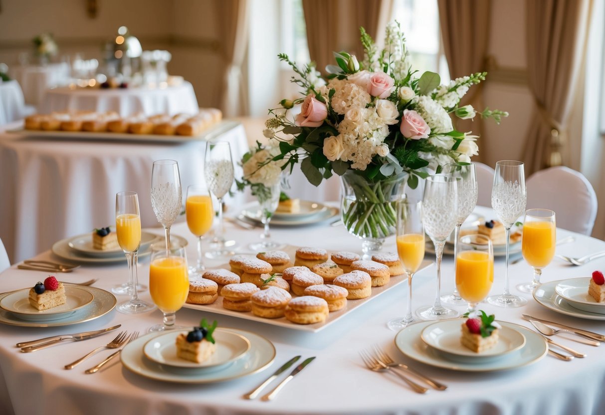 A table set with elegant place settings, floral centerpieces, and delicate china. A mimosa bar and a spread of pastries and finger sandwiches