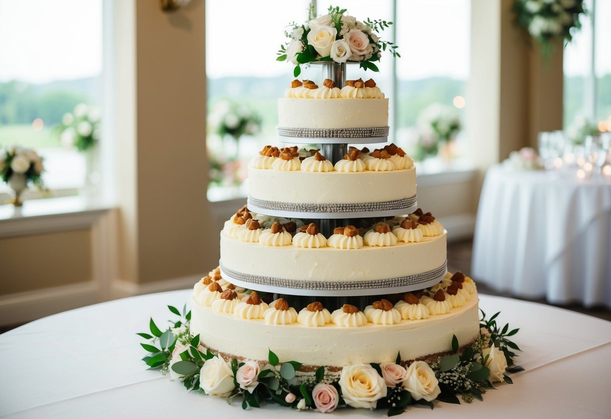 A tiered wedding cake with 35 slices, displayed on a table with elegant decorations and floral accents