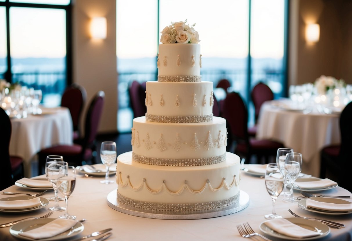 A tiered wedding cake with three layers, adorned with elegant decorations, sits on a table surrounded by 35 place settings