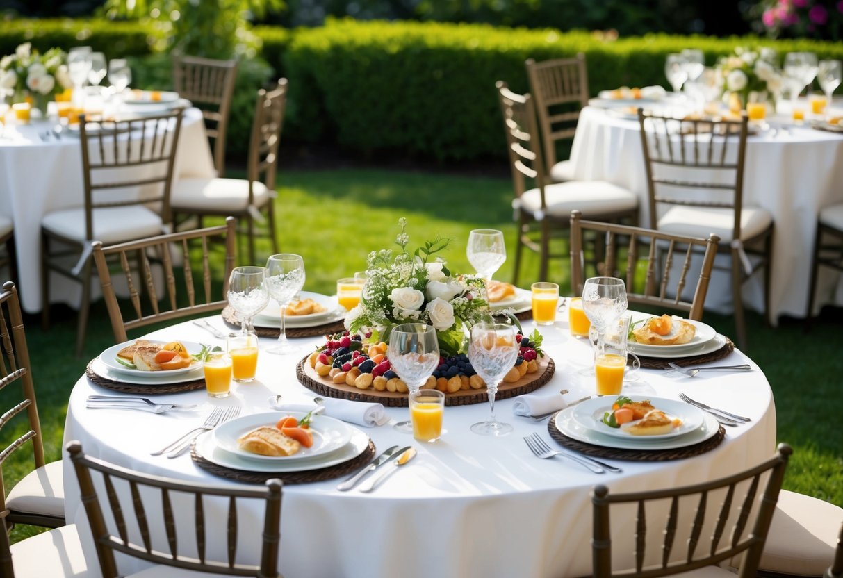 A table set with elegant place settings and a spread of breakfast foods, surrounded by empty chairs in a beautiful outdoor garden setting