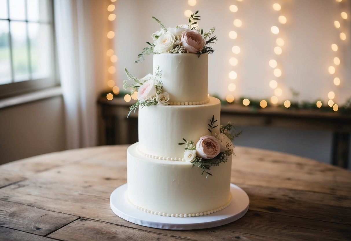 A three-tiered wedding cake adorned with delicate floral decorations, set on a rustic wooden table with soft lighting in the background