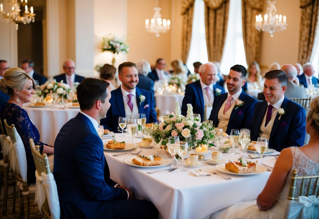Guests seated at elegantly decorated tables, enjoying a lavish wedding breakfast spread. A bride and groom are absent, indicating they may have been invited only to the reception
