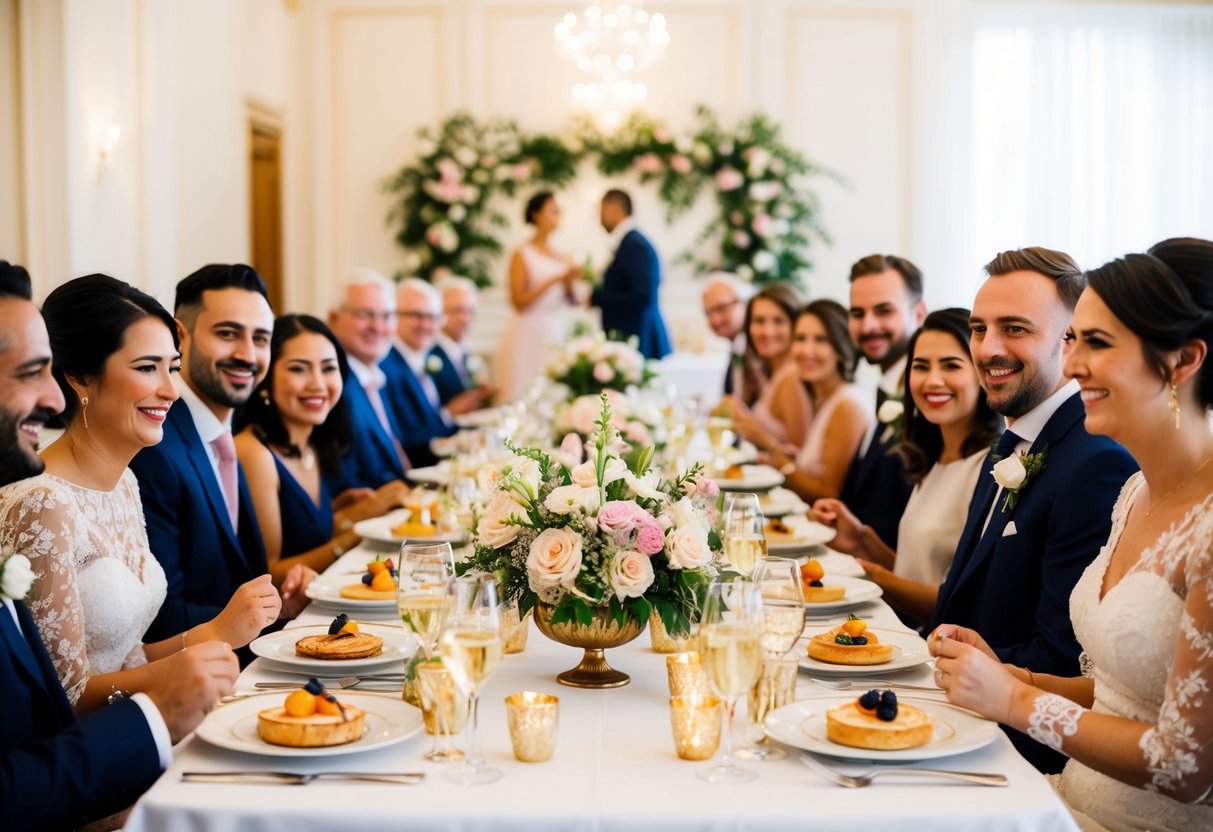 A beautifully set table with elegant place settings and floral centerpieces, surrounded by happy guests enjoying a delicious wedding breakfast