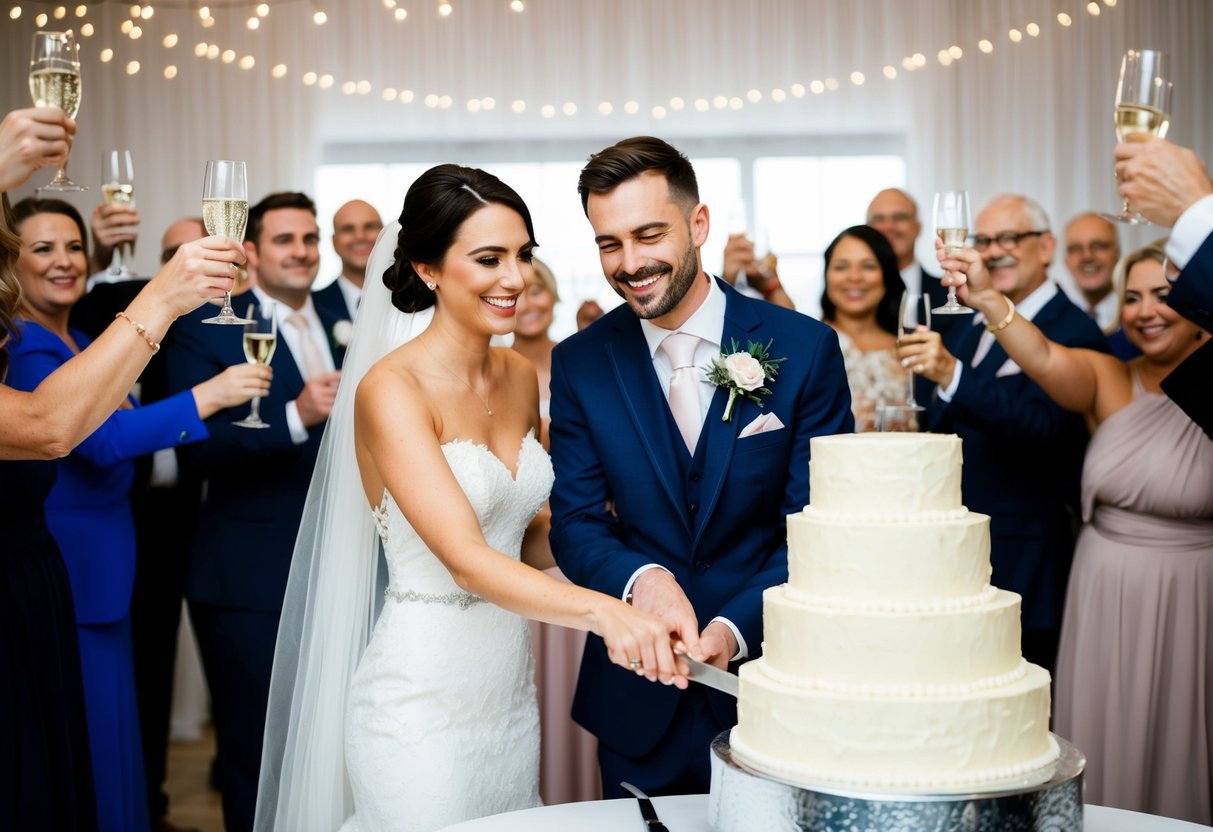 A bride and groom smiling while cutting a tiered cake on a table, surrounded by guests raising their glasses in celebration