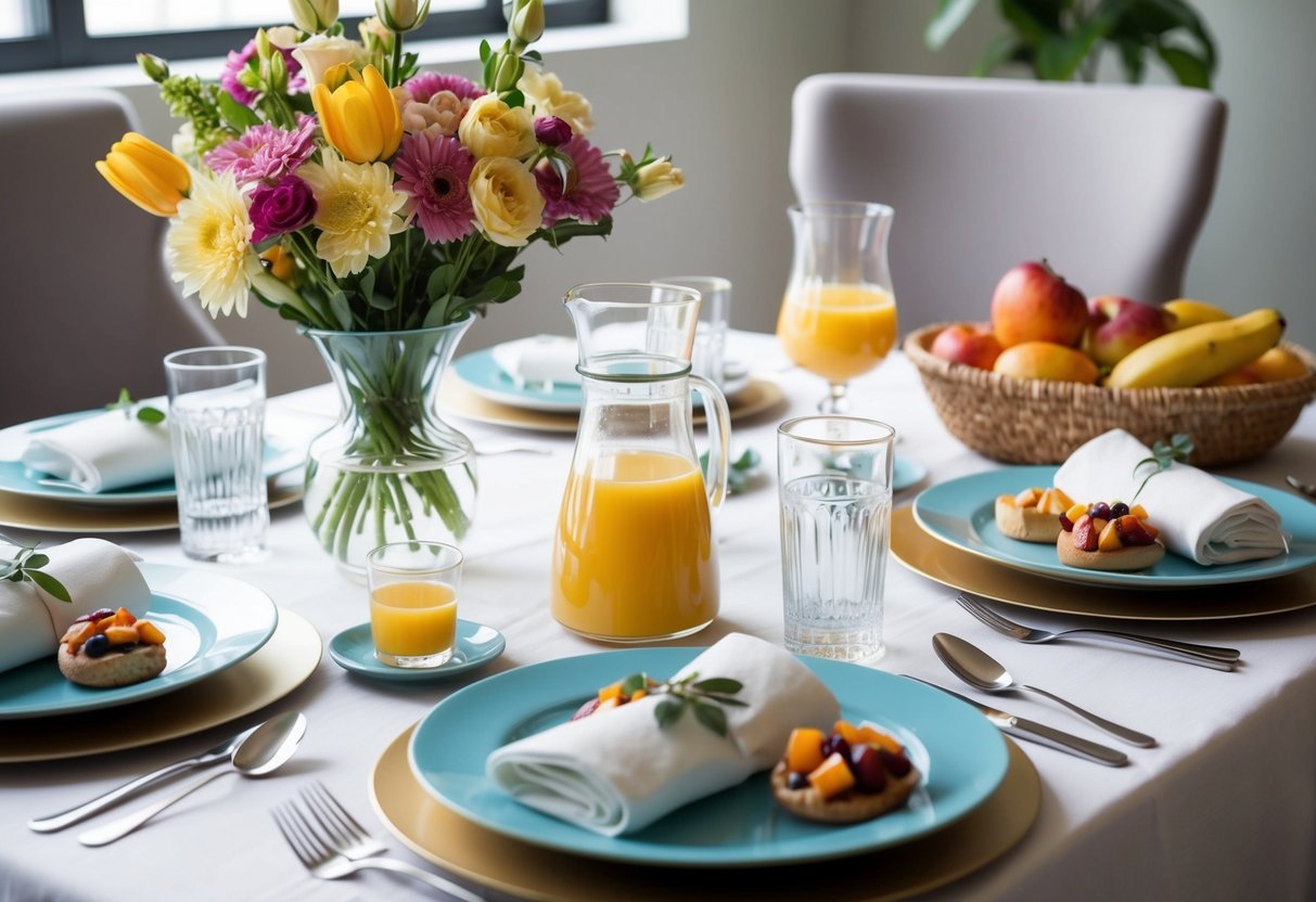 A table set for brunch with a vase of flowers, plates, cutlery, glasses, a carafe of juice, a platter of fruit, and a basket of pastries