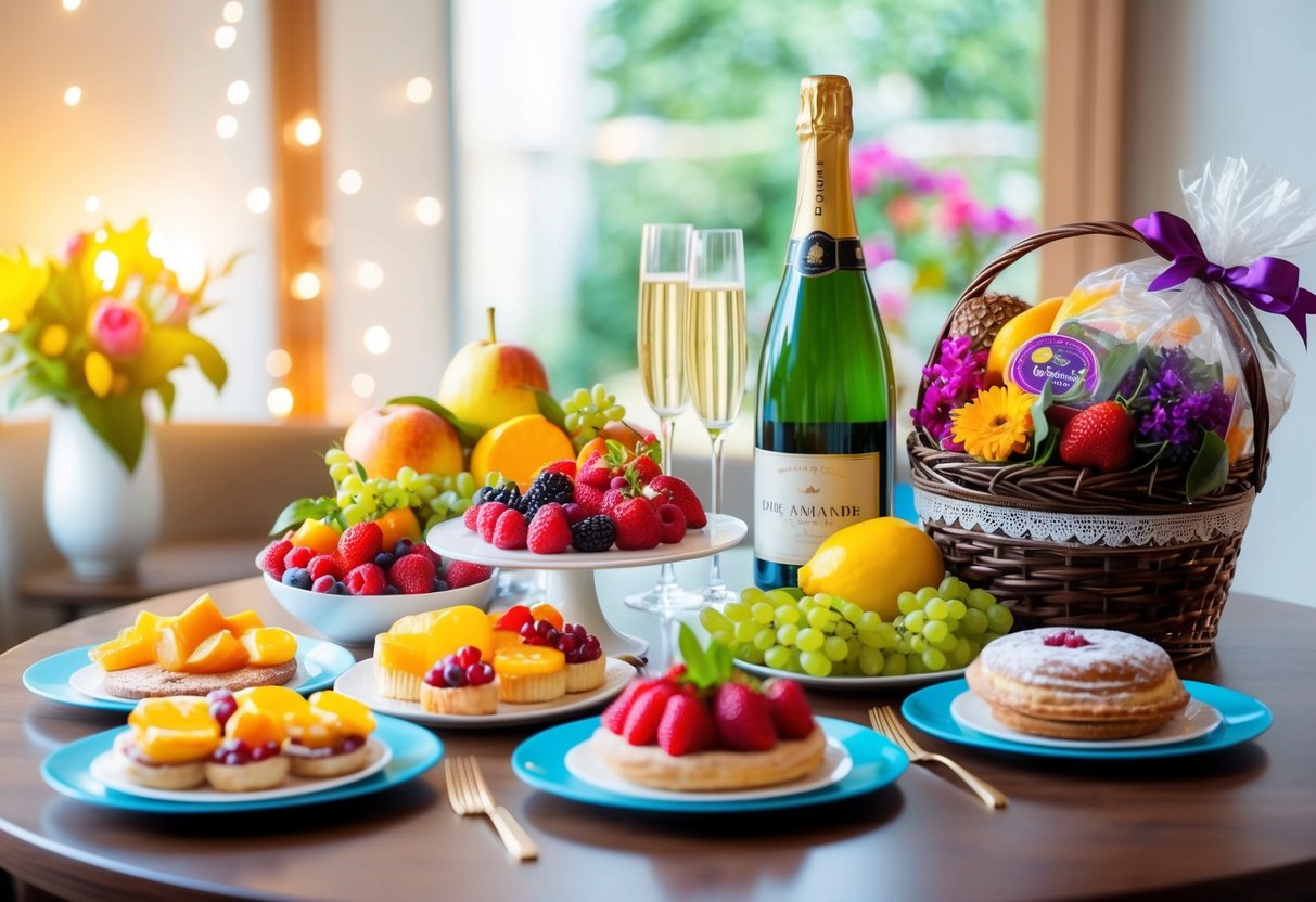 A table set with a colorful array of fresh fruit, pastries, and flowers, with a bottle of champagne and a decorative gift basket