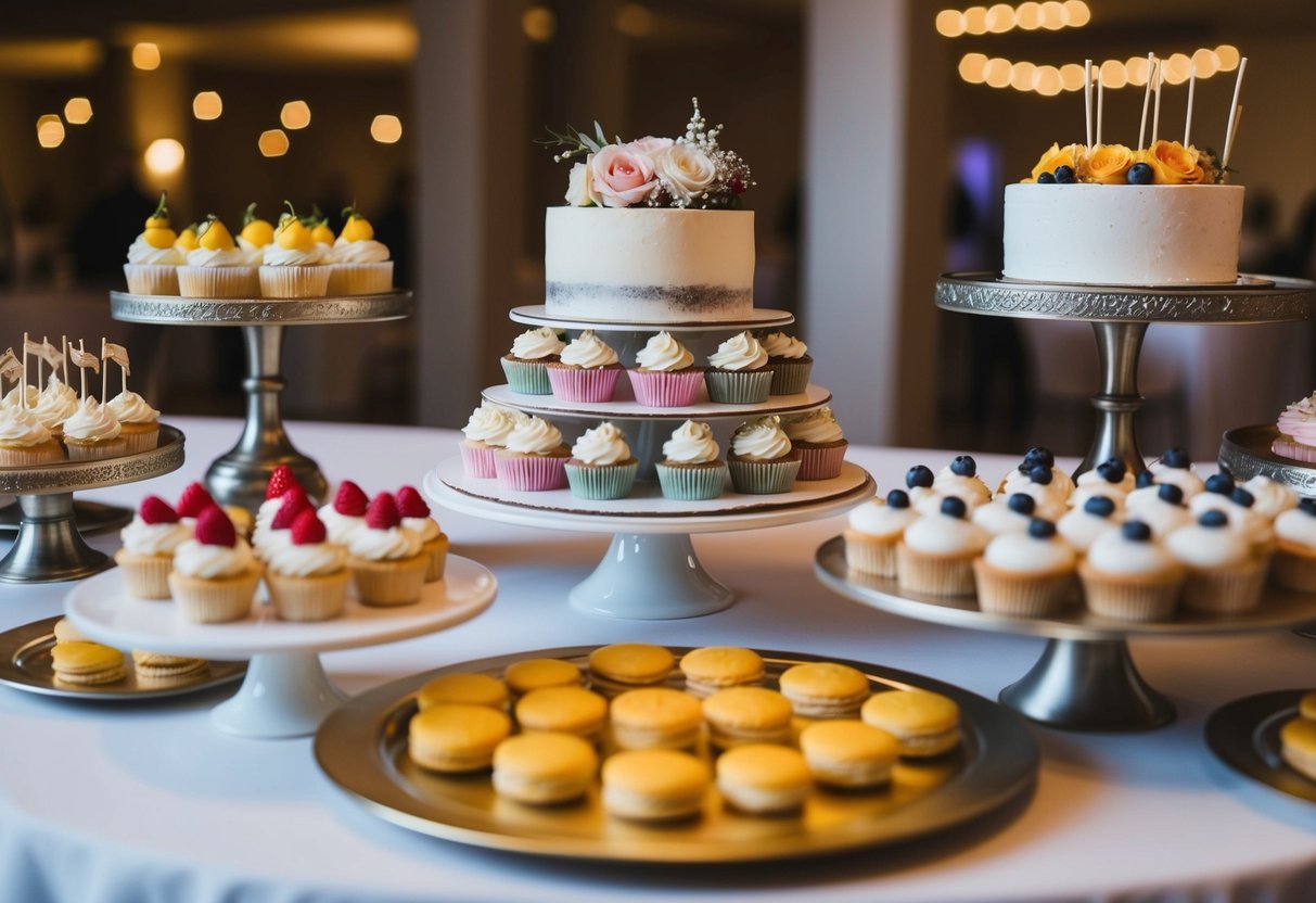A dessert table at a wedding reception with an array of non-cake options such as cupcakes, macarons, and fruit tarts displayed on elegant stands and platters